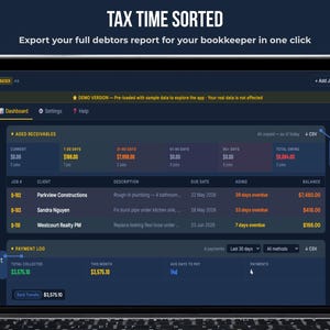 FieldKit Invoice Tracker aged receivables report showing overdue debtors by time bucket with one-click CSV export for bookkeepers