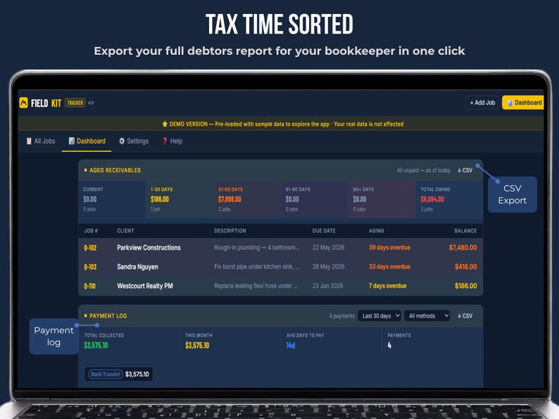FieldKit Invoice Tracker aged receivables report showing overdue debtors by time bucket with one-click CSV export for bookkeepers