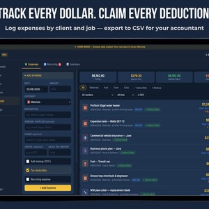 Expense tracker for self-employed — FieldKit PRO logs expenses by client and job with CSV export for accountant, deductible filter and markup percentage, no subscription