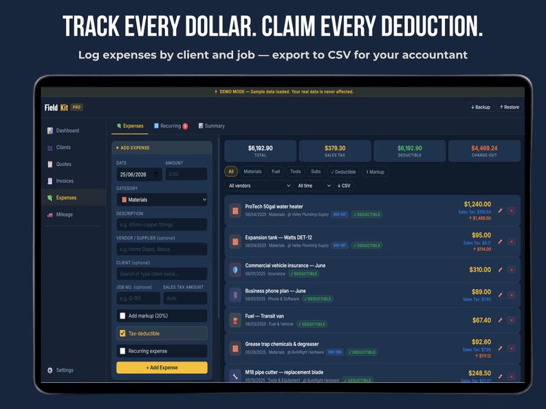 Expense tracker for self-employed — FieldKit PRO logs expenses by client and job with CSV export for accountant, deductible filter and markup percentage, no subscription