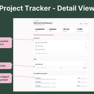 Project detail view showing task checklist, file links, and time logged automatically for a single client project