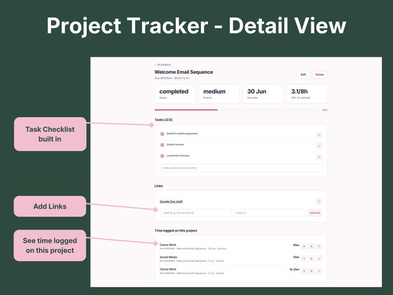 Project detail view showing task checklist, file links, and time logged automatically for a single client project