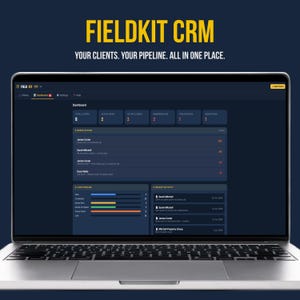 FieldKit CRM dashboard with lead pipeline chart, needs action list, and KPIs — small business client management app