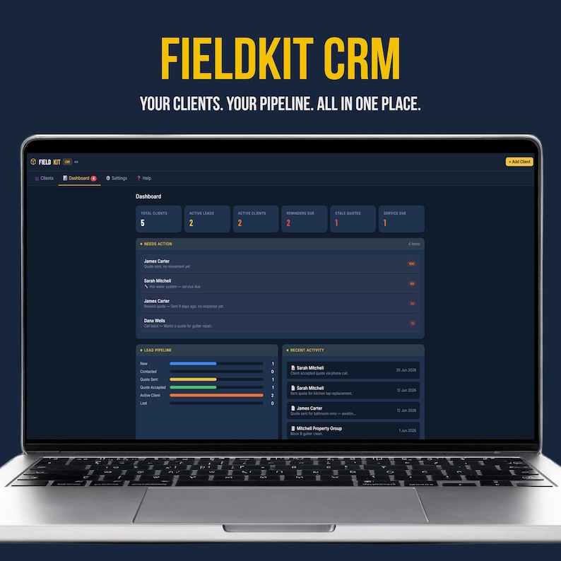 FieldKit CRM dashboard with lead pipeline chart, needs action list, and KPIs — small business client management app