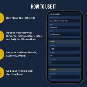 How to use FieldKit Invoice Tracker in 4 steps: download the HTML file, open in your browser, set business details and currency, start tracking