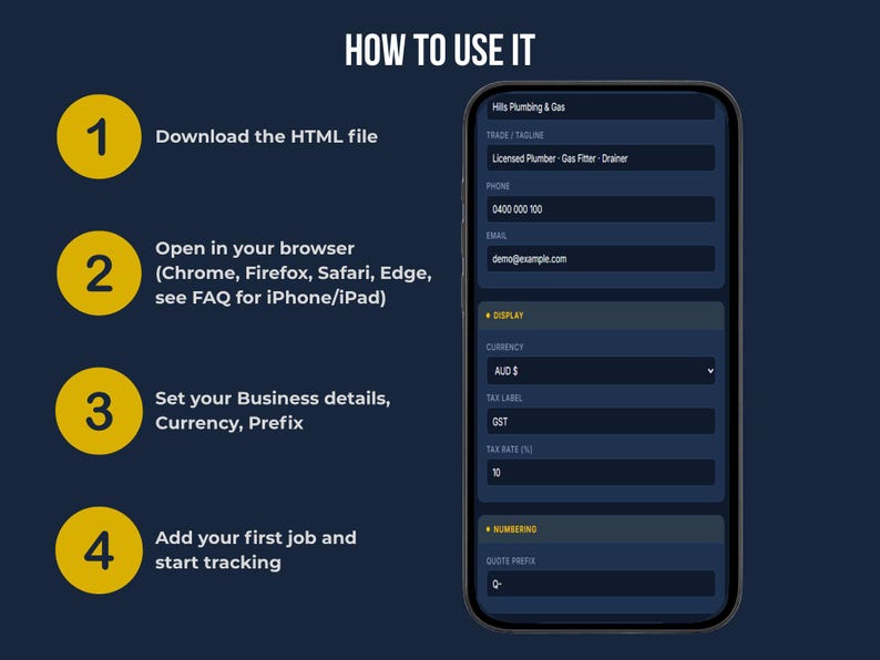 How to use FieldKit Invoice Tracker in 4 steps: download the HTML file, open in your browser, set business details and currency, start tracking