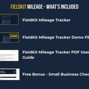 Graphic listing what's included with Fieldkit Mileage and Job Tracker: the app, demo file with sample data, PDF user guide, and free small business starter checklist.