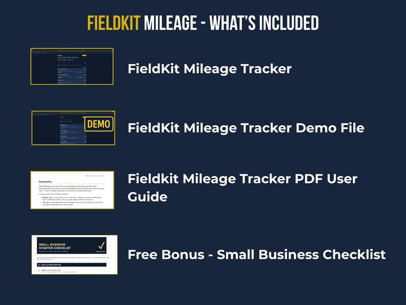 Graphic listing what's included with Fieldkit Mileage and Job Tracker: the app, demo file with sample data, PDF user guide, and free small business starter checklist.