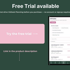 Free interactive trial of VADesk Planning virtual assistant planner, no signup required, shown on mobile with the SOP Builder open
