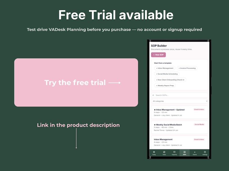 Free interactive trial of VADesk Planning virtual assistant planner, no signup required, shown on mobile with the SOP Builder open
