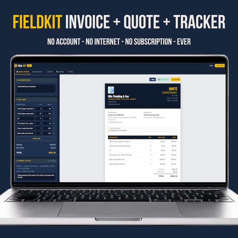 Fieldkit Invoice + Quote + Tracker" on laptop, "No Account - No Internet - No Subscription - Ever" | Fieldkit Essentials invoice and quote generator bundle with payment tracker, offline web app for contractors and self employed trade businesses