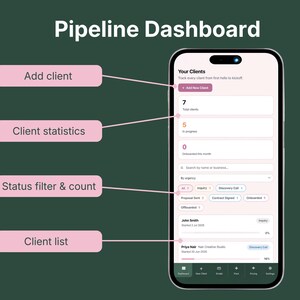 VADesk Onboarding client tracker shown on a mobile phone, displaying client stats, status filters, and the client list