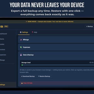 FieldKit PRO data backup — export full business data as JSON backup file and restore anytime, all data saved locally on your device, nothing stored in the cloud, no subscription