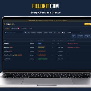 FieldKit CRM client list showing VIP badges, lead status filters, and tag search — browser-based small business CRM no subscription