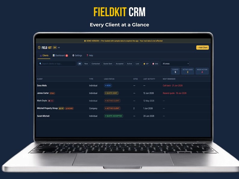FieldKit CRM client list showing VIP badges, lead status filters, and tag search — browser-based small business CRM no subscription