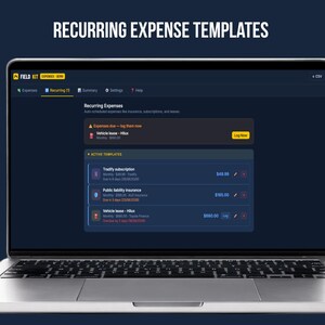 FieldKit recurring expenses tab on a laptop showing active templates for a subscription, insurance, and vehicle lease, each set to auto-log on its due date.