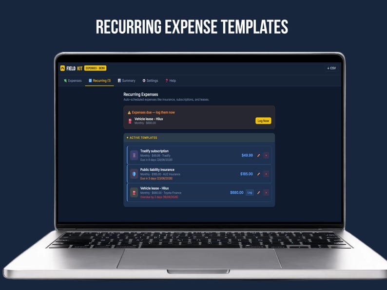 FieldKit recurring expenses tab on a laptop showing active templates for a subscription, insurance, and vehicle lease, each set to auto-log on its due date.