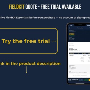 FieldKit Quote free trial available — test drive the quote and invoice generator before you purchase, no account or signup required. Screenshot of FieldKit invoice on mobile phone. Link in the product description.