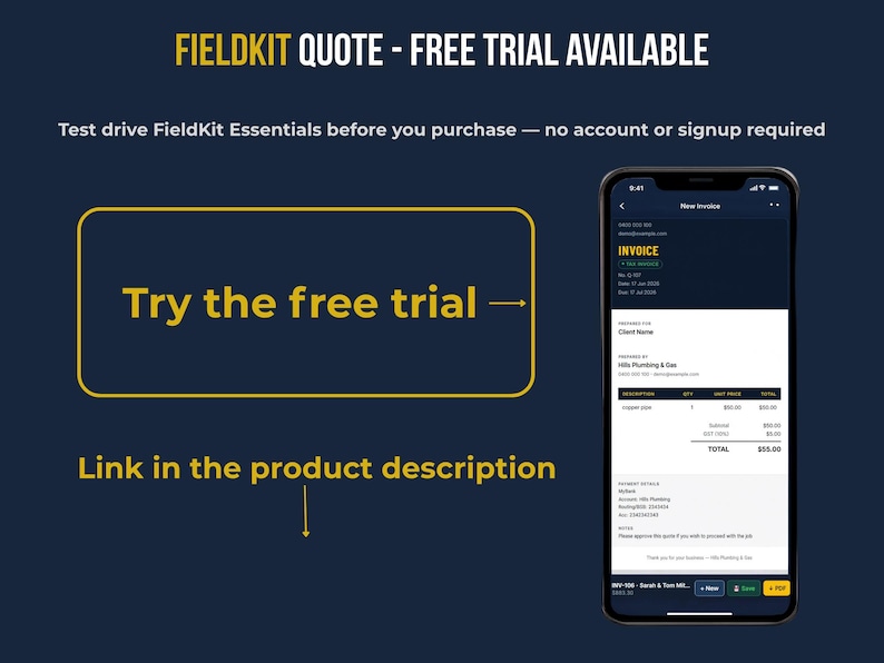 FieldKit Quote free trial available — test drive the quote and invoice generator before you purchase, no account or signup required. Screenshot of FieldKit invoice on mobile phone. Link in the product description.