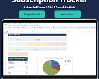 Subscription Tracker Google Sheets, Automated Renewal & Trial Alerts, Split Cost Calculator, Cancel-By Reminder Budget Spreadsheet