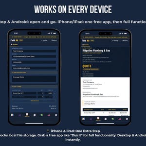 Mobile-friendly invoice and expense tracker — FieldKit PRO works on iPhone and Android with touch-friendly bottom navigation, build quotes and invoices on your phone, no app install