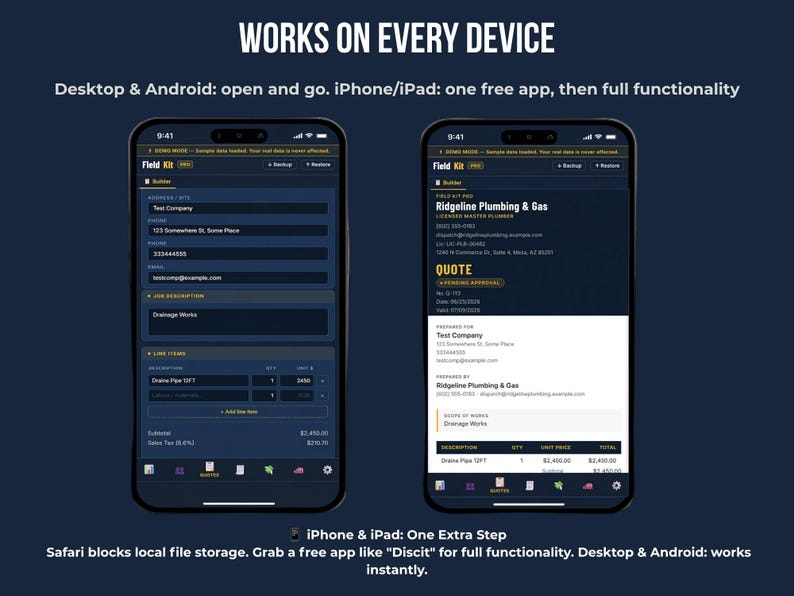 Mobile-friendly invoice and expense tracker — FieldKit PRO works on iPhone and Android with touch-friendly bottom navigation, build quotes and invoices on your phone, no app install