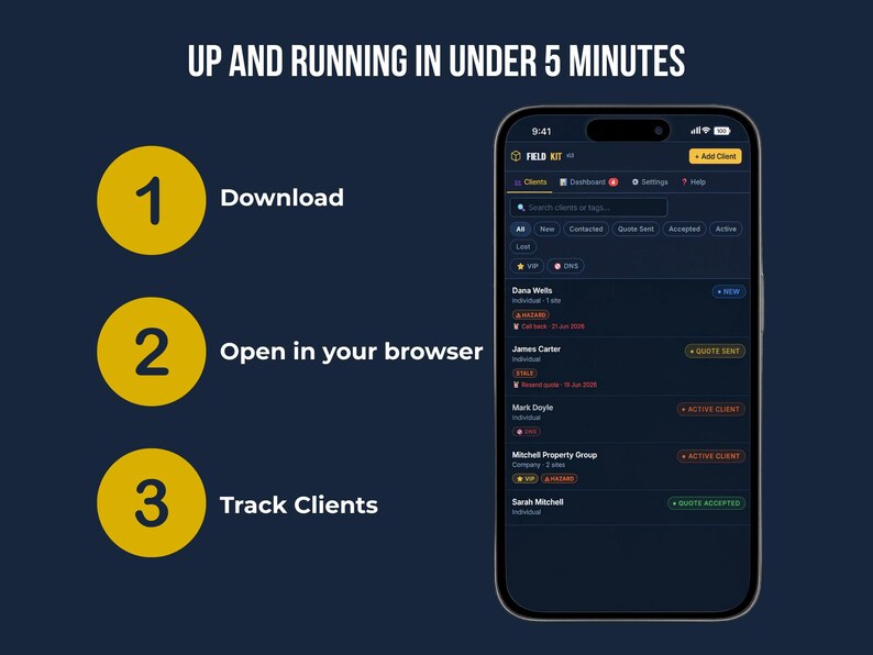 How to use FieldKit CRM: download, open in any browser, start tracking clients — no setup, no account, works offline