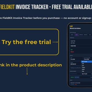FieldKit Invoice Tracker free trial available — test drive the Invoice Tracker  before you purchase, no account or signup required. Screenshot of FieldKit Invoice Tracker  on mobile phone. Link in the product description.