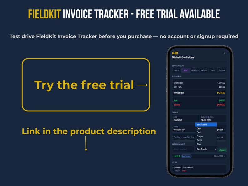 FieldKit Invoice Tracker free trial available — test drive the Invoice Tracker  before you purchase, no account or signup required. Screenshot of FieldKit Invoice Tracker  on mobile phone. Link in the product description.