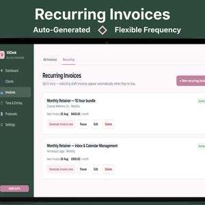 Recurring invoices screen showing auto-generated monthly retainer billing with flexible frequency for virtual assistant clients