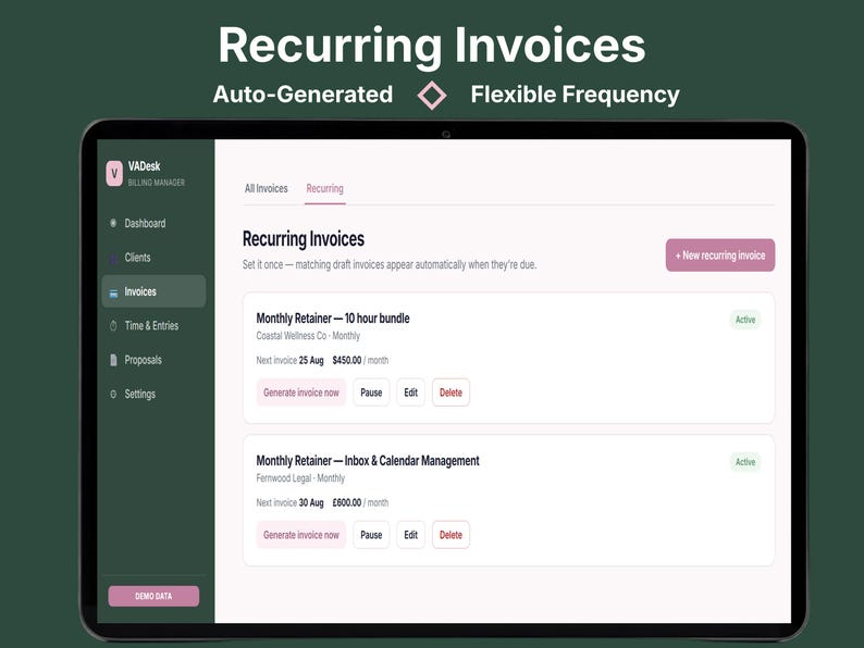 Recurring invoices screen showing auto-generated monthly retainer billing with flexible frequency for virtual assistant clients