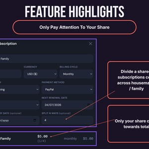 Subly edit subscription screen showing a Spotify Family plan split 4 ways, with only the user's $5 share counting toward their totals