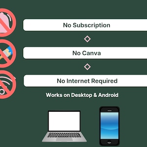 Graphic listing VADesk Onboarding features: no subscription, no Canva, no internet required, works on desktop and Android