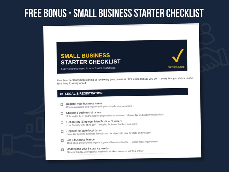 Bonus Checklist preview — Small Business Starter Checklist PDF | Free small business starter checklist PDF bonus included with Fieldkit Essentials, covering legal registration, business structure, and licensing steps