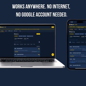 Fieldkit offline mileage tracker app shown side by side on laptop and phone, displaying the same Mileage Log data on both devices. Headline reads Works Anywhere, No Internet, No Google Account Needed.