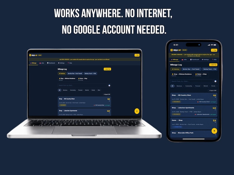 Fieldkit offline mileage tracker app shown side by side on laptop and phone, displaying the same Mileage Log data on both devices. Headline reads Works Anywhere, No Internet, No Google Account Needed.