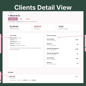 Client detail view showing billing method, tax and payment terms, recent time entries, and linked invoices for a virtual assistant client