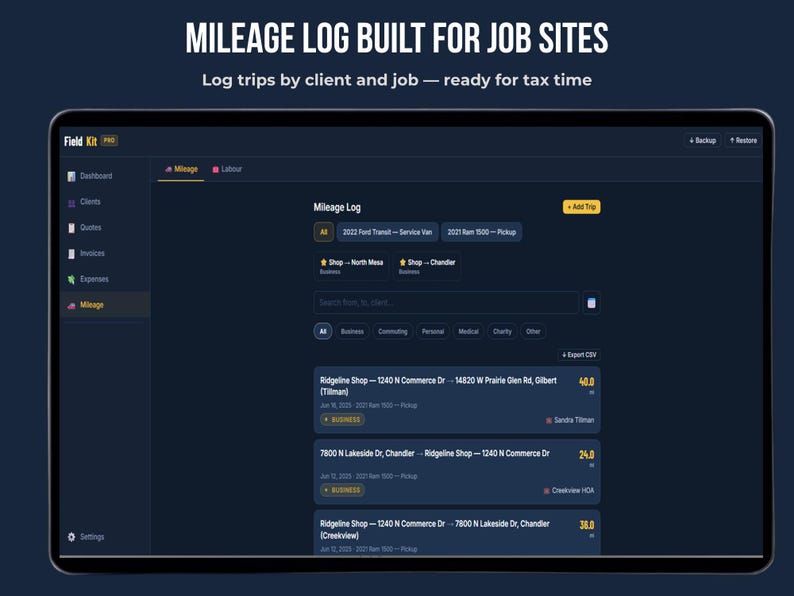 Mileage log for contractors and self-employed — FieldKit PRO logs business trips by client and job for tax deductions, multiple vehicles, offline small business finance tool