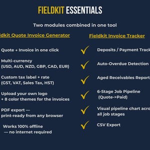 Module breakdown — Generator features vs Tracker features side by side | Fieldkit Essentials combines a quote and invoice generator and invoice tracker in one tool, with multi currency, custom tax rates, and offline use