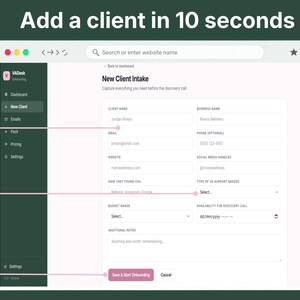 New Client Intake form in VADesk Onboarding showing the three steps to add a new client in this virtual assistant client tracker