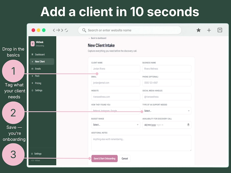 New Client Intake form in VADesk Onboarding showing the three steps to add a new client in this virtual assistant client tracker