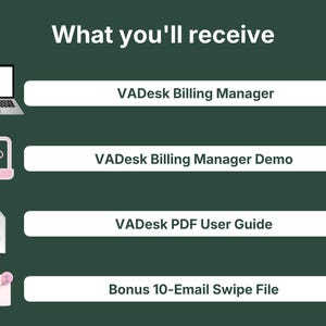 What's included with VADesk Billing Manager: the full app, a demo version with sample data, a PDF user guide, and a bonus 10 email swipe file