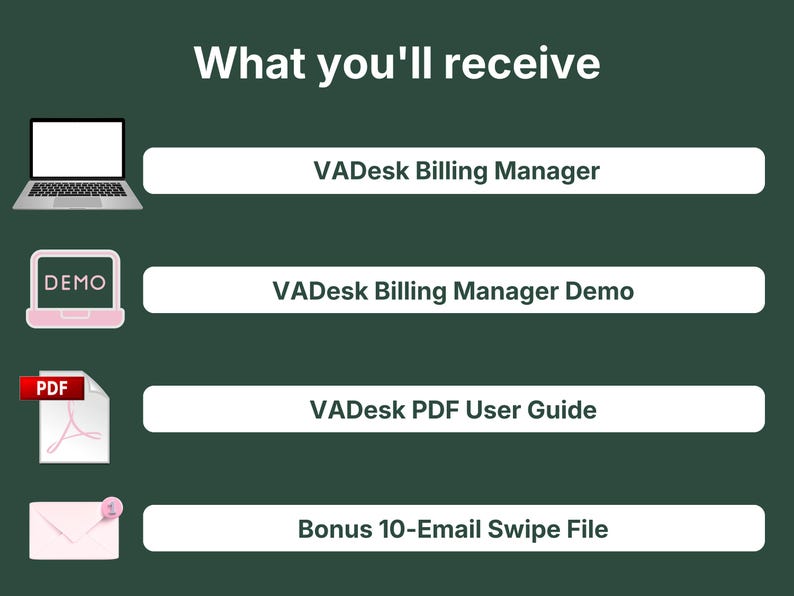 What's included with VADesk Billing Manager: the full app, a demo version with sample data, a PDF user guide, and a bonus 10 email swipe file