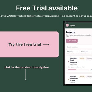 Free trial of VADesk Tracking Centre available to test before purchase, no account or signup required, link in product description