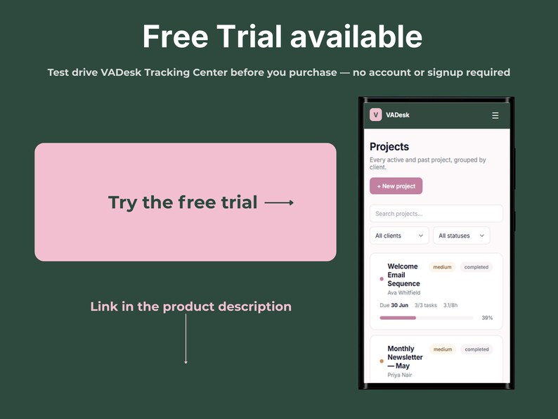 Free trial of VADesk Tracking Centre available to test before purchase, no account or signup required, link in product description