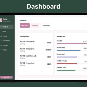 VADesk Billing Manager dashboard on tablet showing quick actions, upcoming invoices, and revenue by client