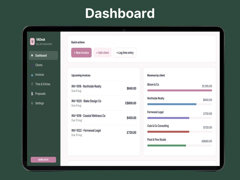 VADesk Billing Manager dashboard on tablet showing quick actions, upcoming invoices, and revenue by client