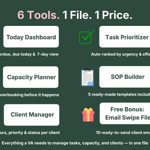 VADesk Planning feature overview: Today Dashboard, Task Prioritiser, Capacity Planner, SOP Builder, Client Manager, and free email swipe file bonus, all in one offline file