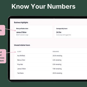 Business highlights showing most profitable client, average daily hours, and unused retainer hours across every client