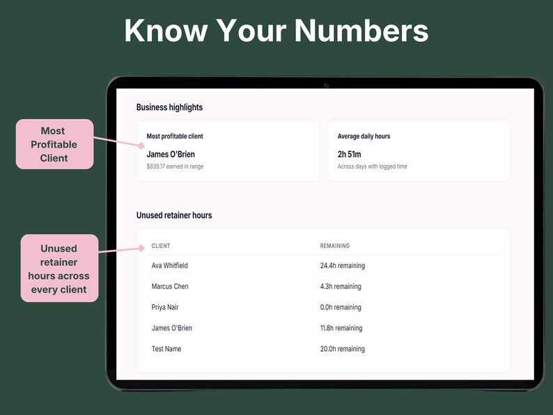 Business highlights showing most profitable client, average daily hours, and unused retainer hours across every client